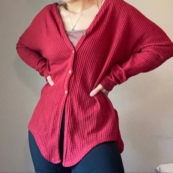 Miholl Sweaters Deep Red Waffle Knit Button Down Cardigan Poshmark